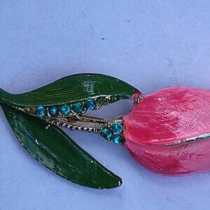 Vintage unsigned capper pink enamel tulip blue Rhinestones gold tore